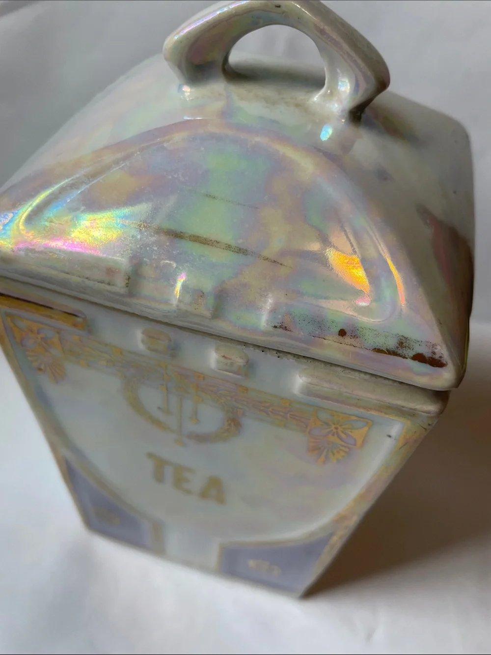 Antique White Block Germany Tea Canister Lid Gold Trim Iridescent Lusterware